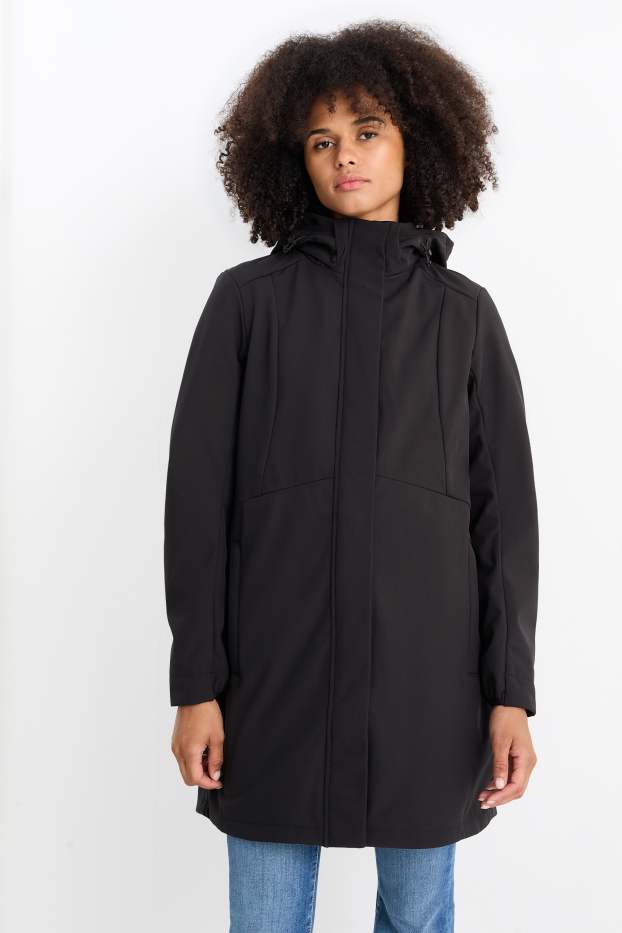 Damen - Softshellmantel mit Kapuze - wasserabweisend - 4 Way Stretch - schwarz