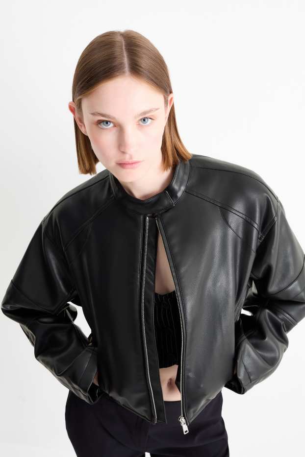 Femmes - Blouson de motard court - synthétique - noir