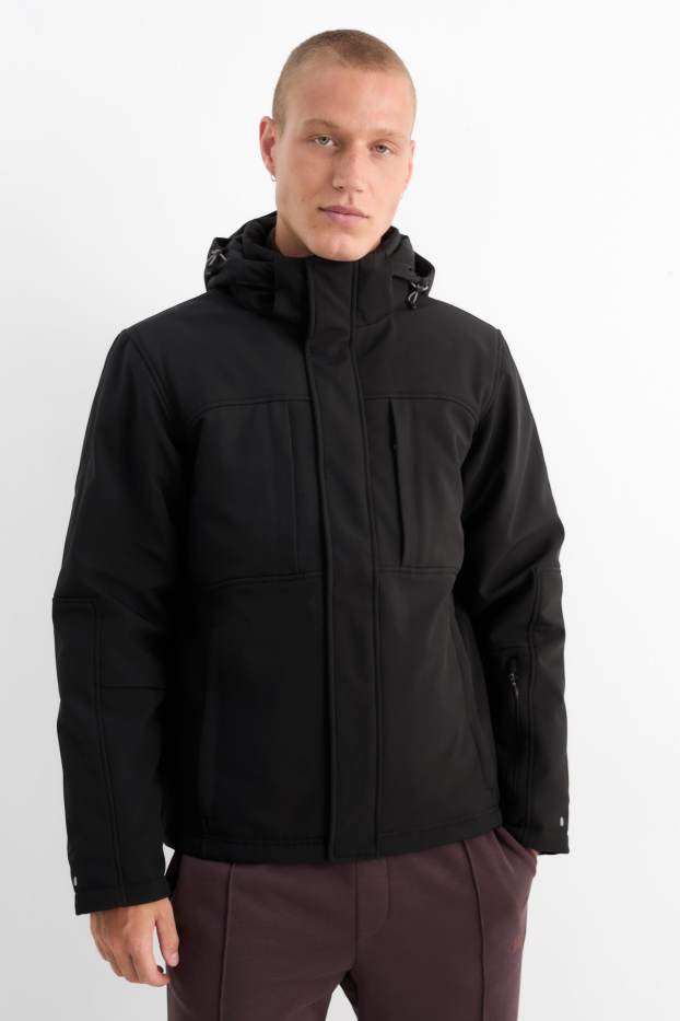 Hommes - Veste softshell à capuche - 4 Way Stretch - déperlante - noir