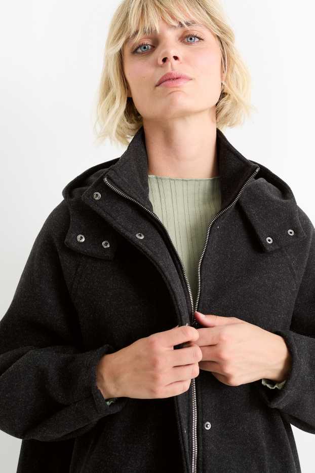 Dames - Mantel met capuchon - donkergrijs