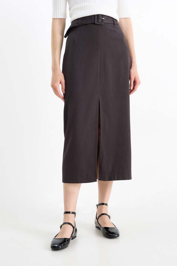 Dámské - Pouzdrová sukně s páskem - úzký proužek - tmavošedá