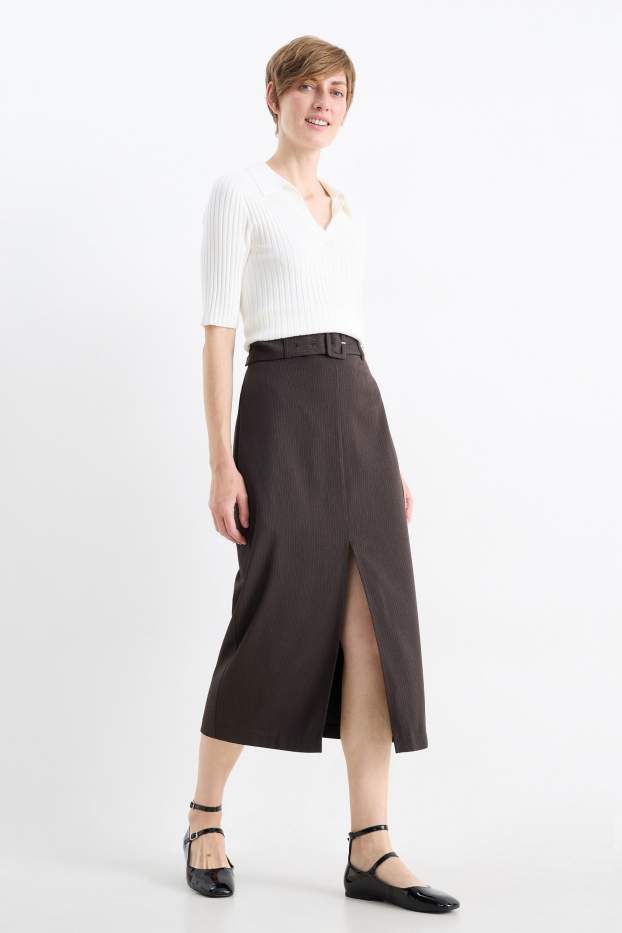 Dámské - Pouzdrová sukně s páskem - úzký proužek - tmavošedá