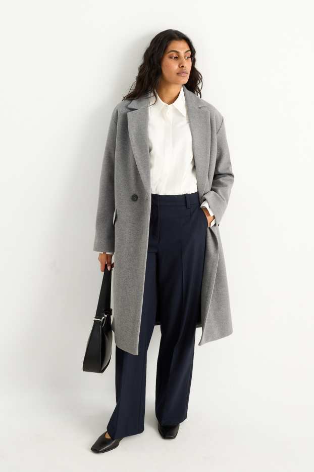 Femei - Pantaloni office - talie înaltă - wide leg - albastru închis