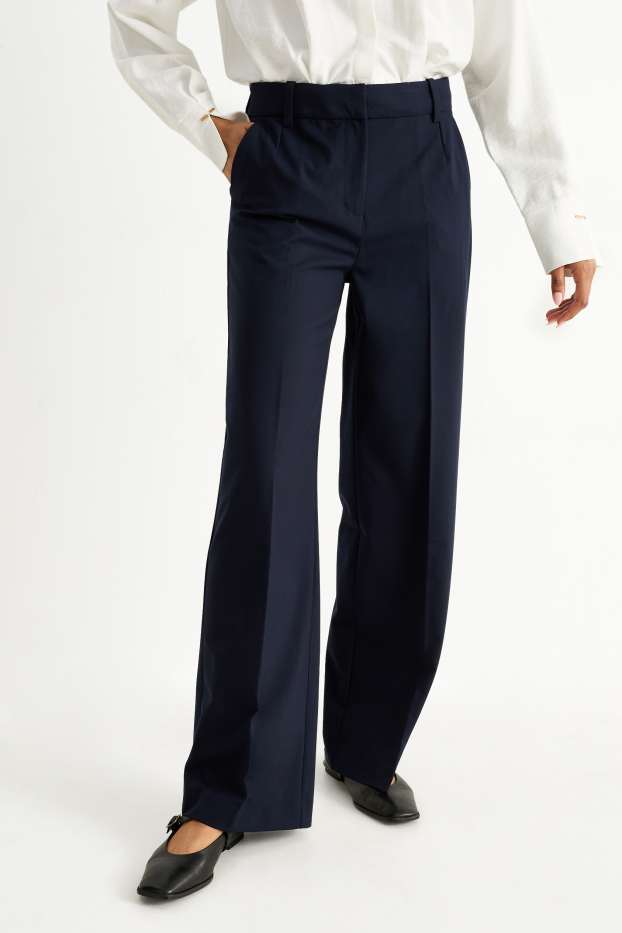 Femei - Pantaloni office - talie înaltă - wide leg - albastru închis