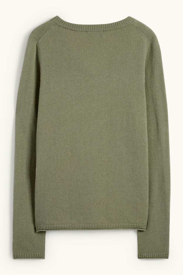 Dámské - Kašmírový svetr s výstřihem ve tvaru V - khaki