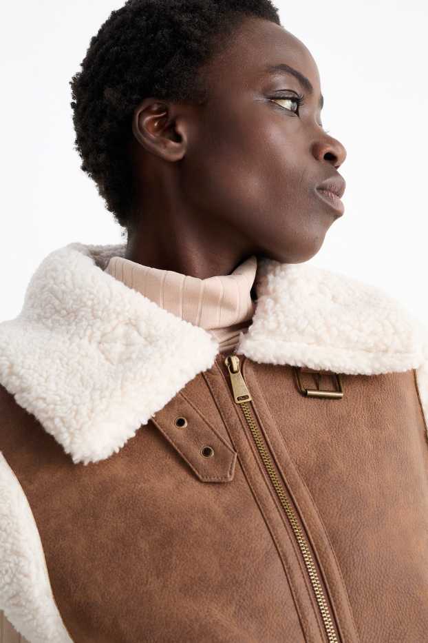 Damen - Faux Shearling Weste - Lederimitat - braun