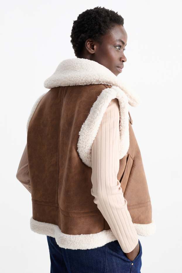 Damen - Faux Shearling Weste - Lederimitat - braun
