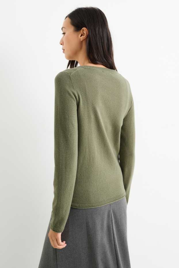 Dámské - Kašmírový svetr s výstřihem ve tvaru V - khaki