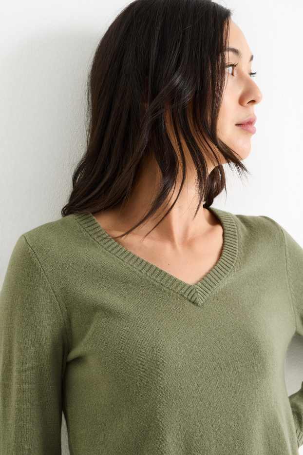 Dámské - Kašmírový svetr s výstřihem ve tvaru V - khaki