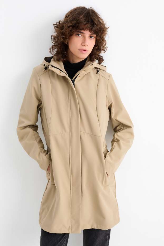 Donna - Cappotto soft shell con cappuccio - idrorepellente - 4 Way Stretch - beige