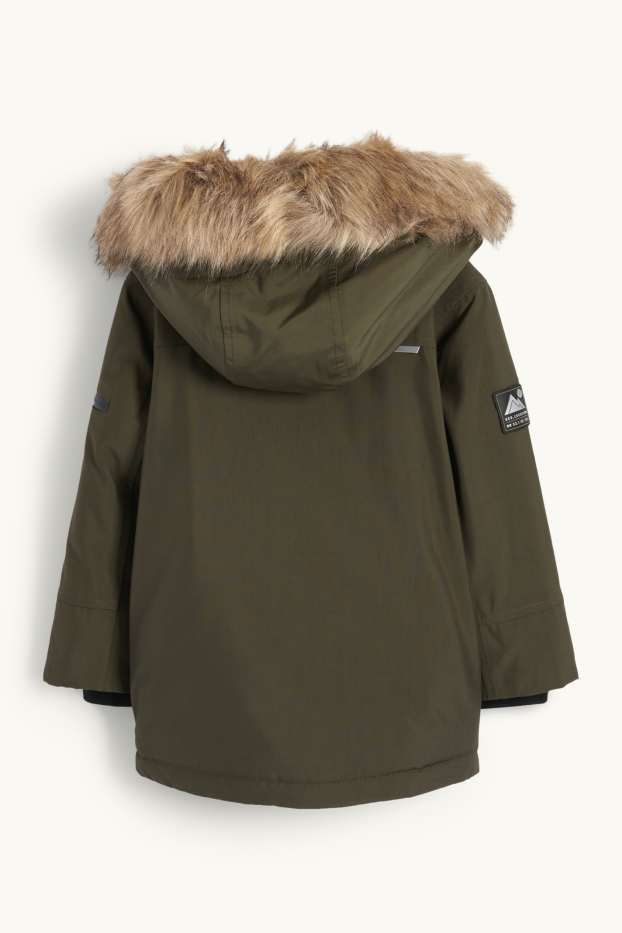 Enfants garçons - Veste à capuche, dotée d'une garniture d'imitation fourrure - imperméable - vert foncé