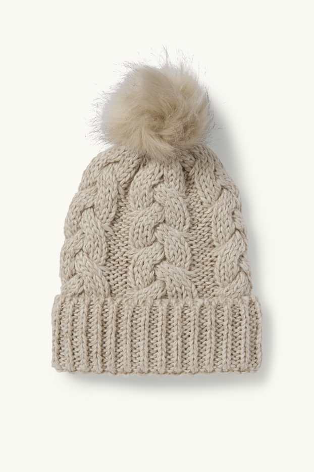 Dames - Muts met pompon - kabelpatroon - licht beige