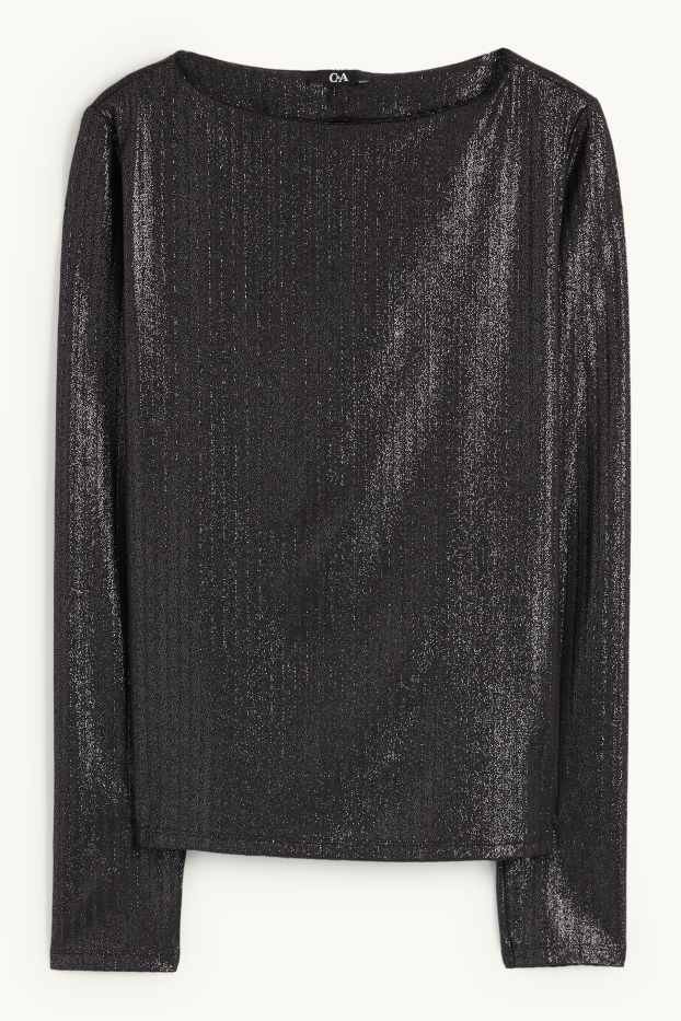 Damen - Langarmshirt - gerippt - glänzend - schwarz