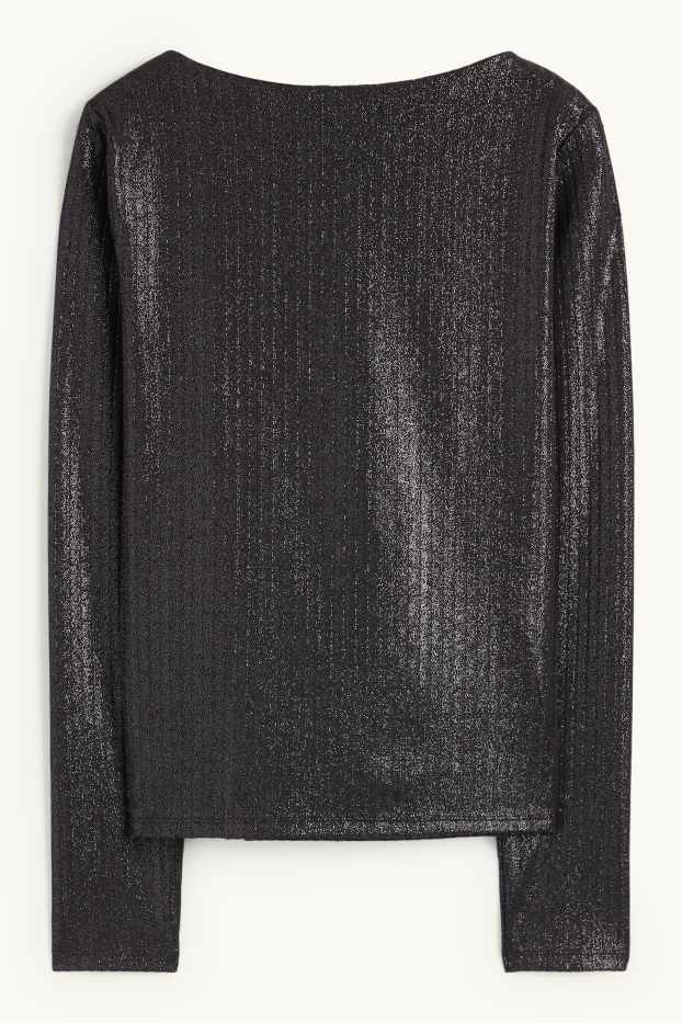 Damen - Langarmshirt - gerippt - glänzend - schwarz
