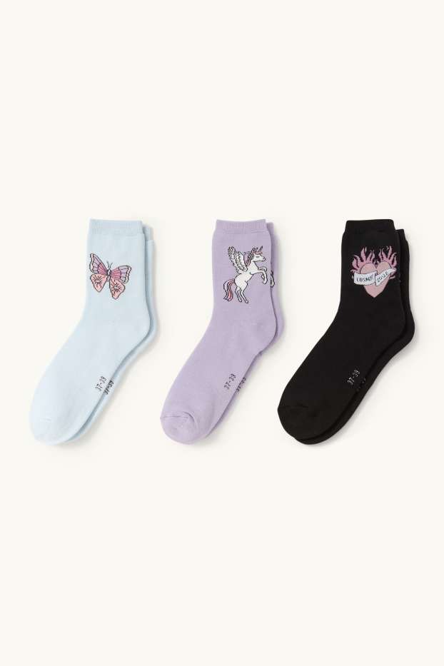 Enfants filles - Lot de 3 paires - licorne, papillon et cœur - chaussettes chaudes - noir