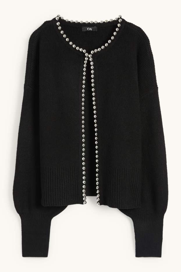 Women - Cardigan - ribbed - black