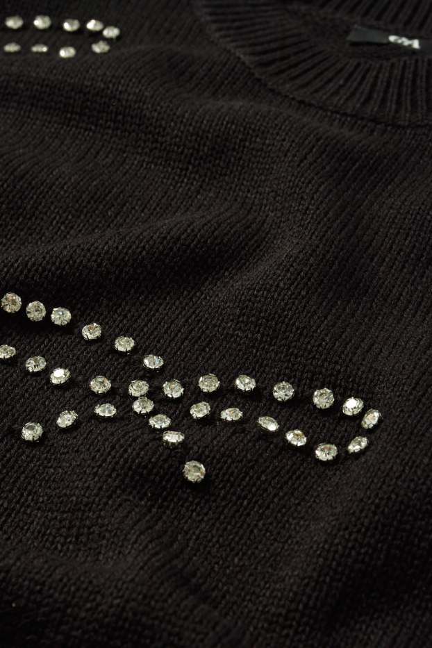 Women - Jumper with rhinestones - black