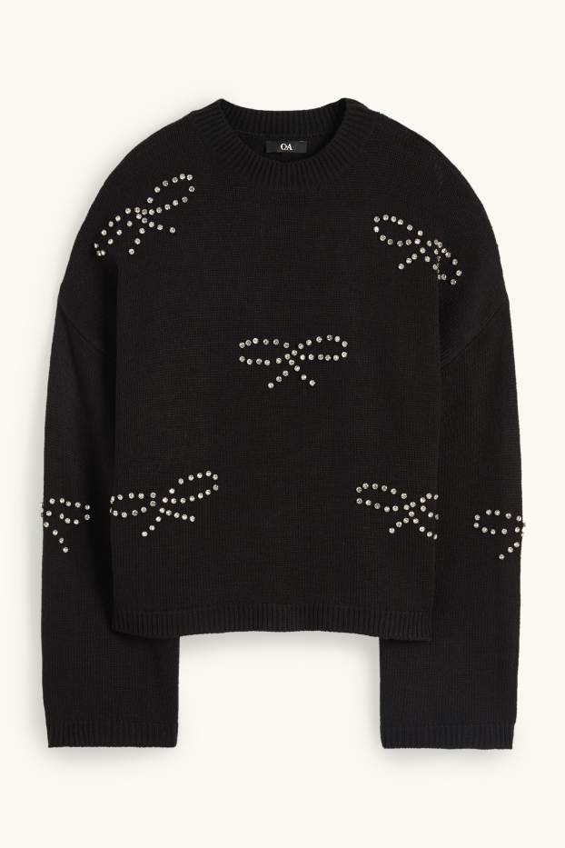 Women - Jumper with rhinestones - black