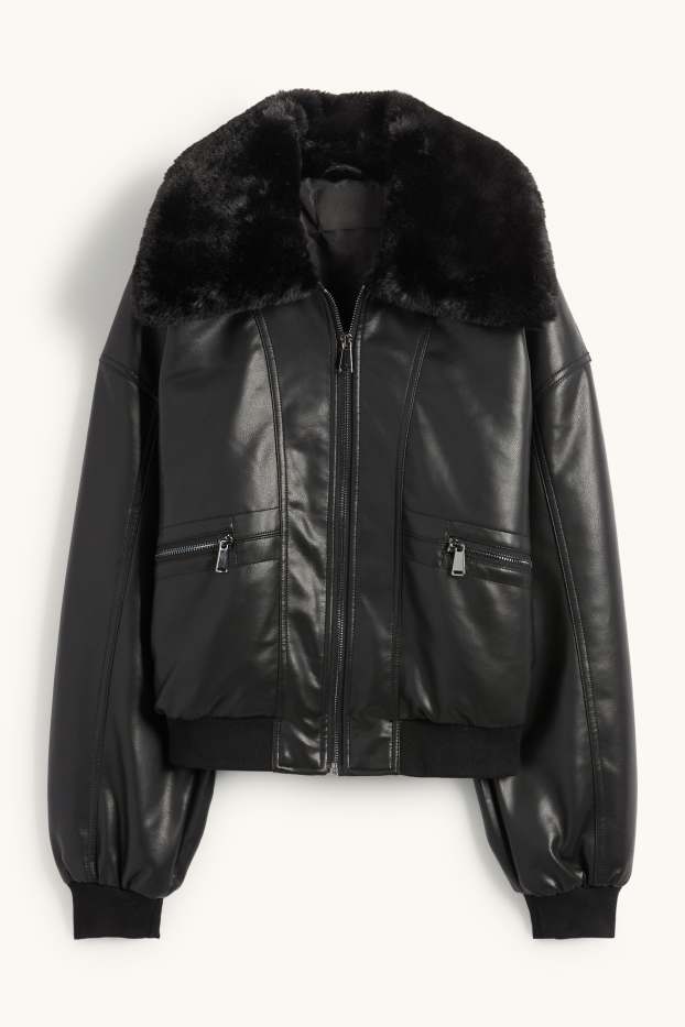 Damen - Bomberjacke mit Kunstfellbesatz - Lederimitat - schwarz