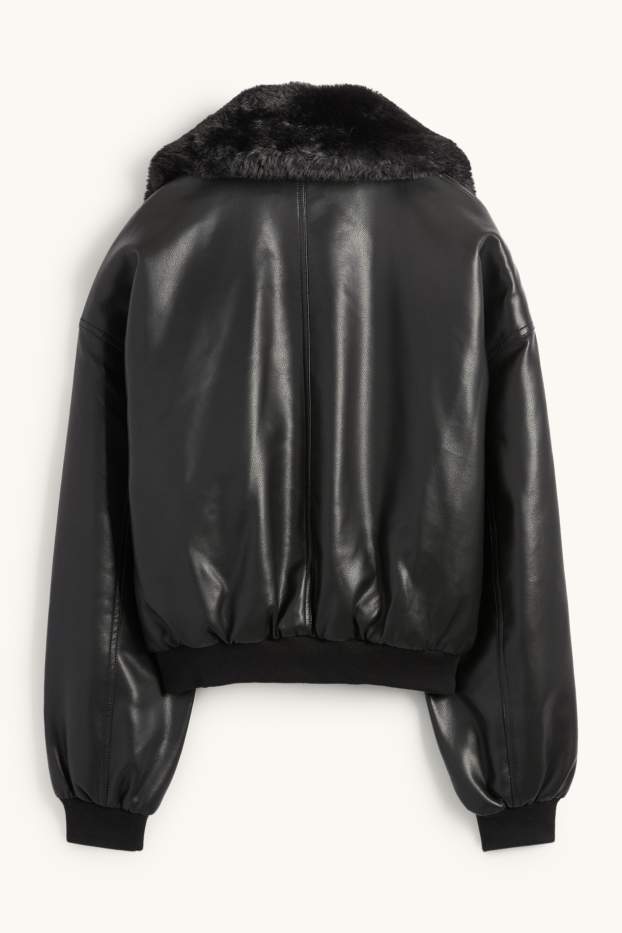 Damen - Bomberjacke mit Kunstfellbesatz - Lederimitat - schwarz