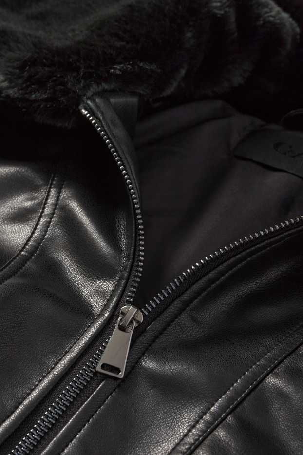 Damen - Bomberjacke mit Kunstfellbesatz - Lederimitat - schwarz