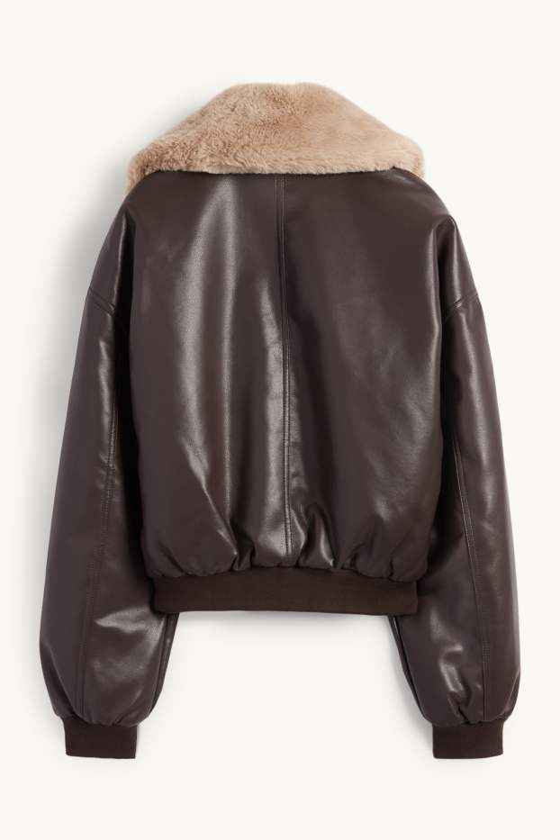 Damen - Bomberjacke mit Kunstfellbesatz - Lederimitat - dunkelbraun
