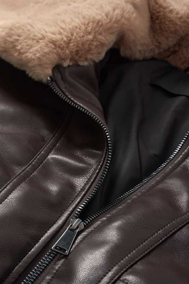 Damen - Bomberjacke mit Kunstfellbesatz - Lederimitat - dunkelbraun