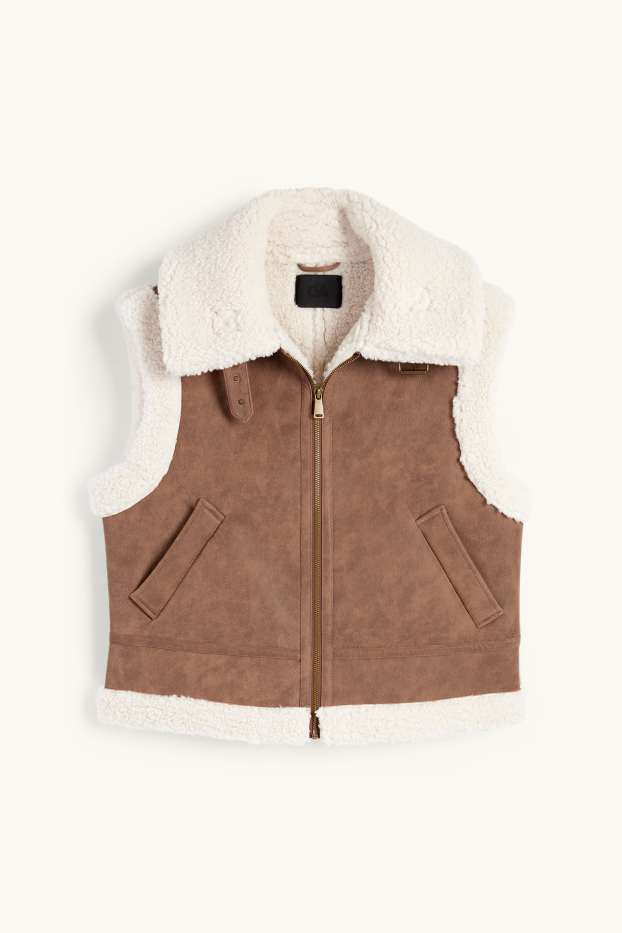 Damen - Faux Shearling Weste - Lederimitat - braun