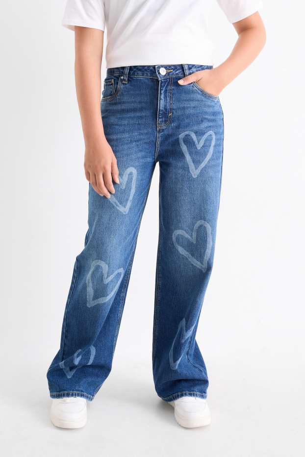 Children Girls - Heart - wide leg jeans - blue denim