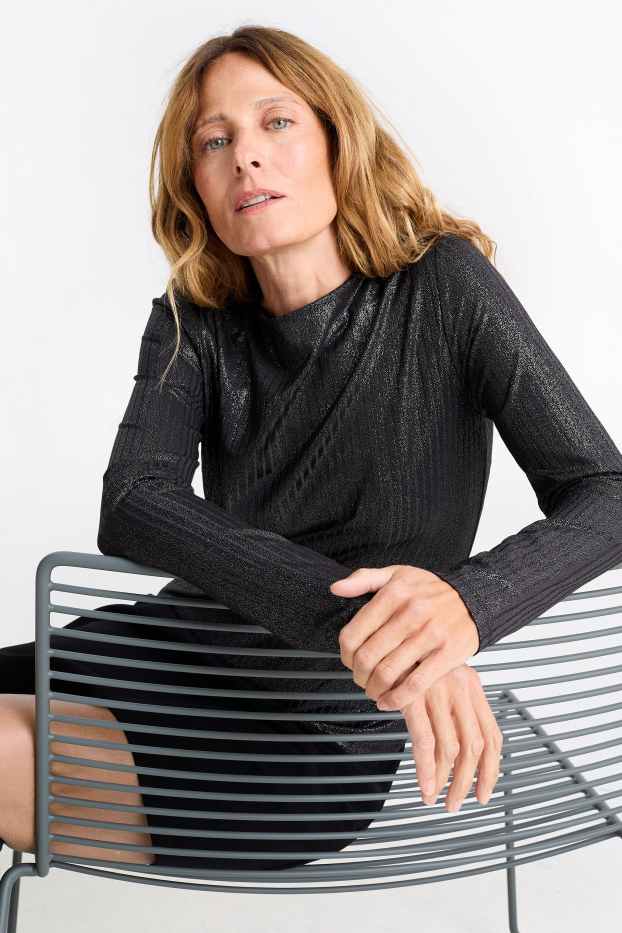 Damen - Langarmshirt - gerippt - glänzend - schwarz
