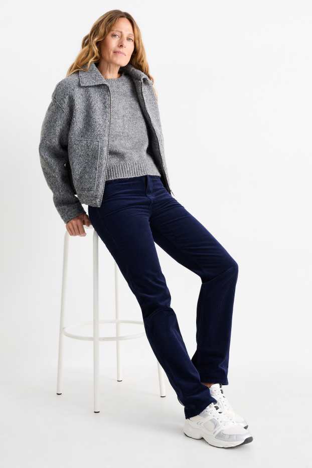 Femmes - Pantalon en velours côtelé - high waist - straight fit - bleu foncé