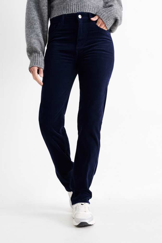 Femmes - Pantalon en velours côtelé - high waist - straight fit - bleu foncé