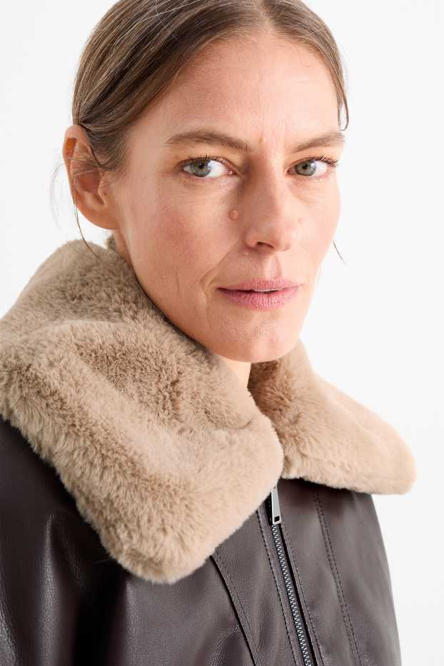 Damen - Bomberjacke mit Kunstfellbesatz - Lederimitat - dunkelbraun