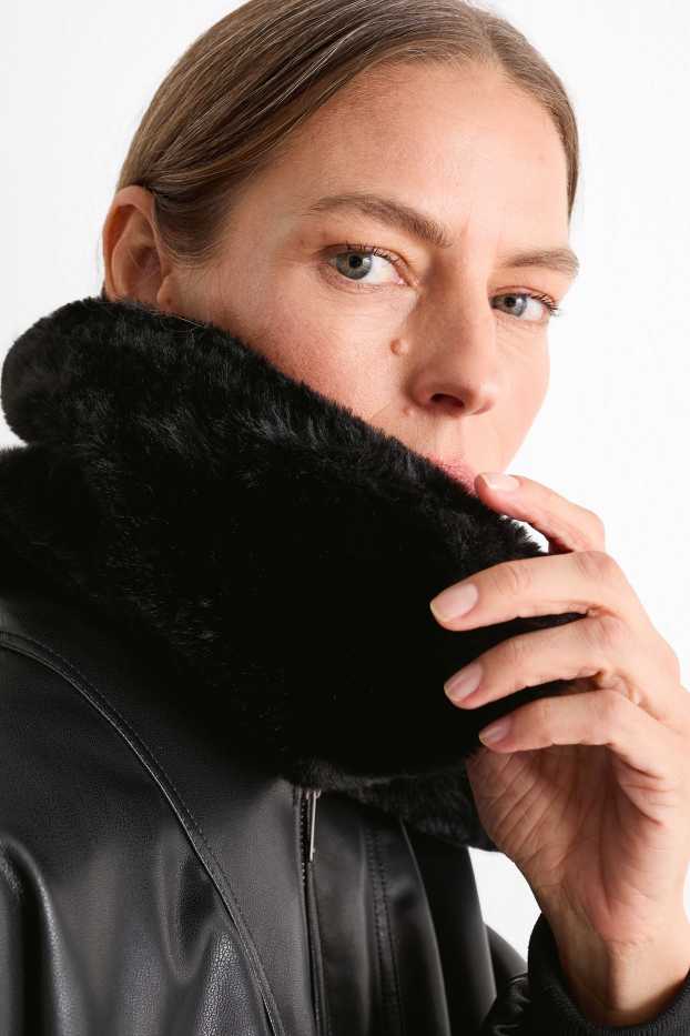 Damen - Bomberjacke mit Kunstfellbesatz - Lederimitat - schwarz