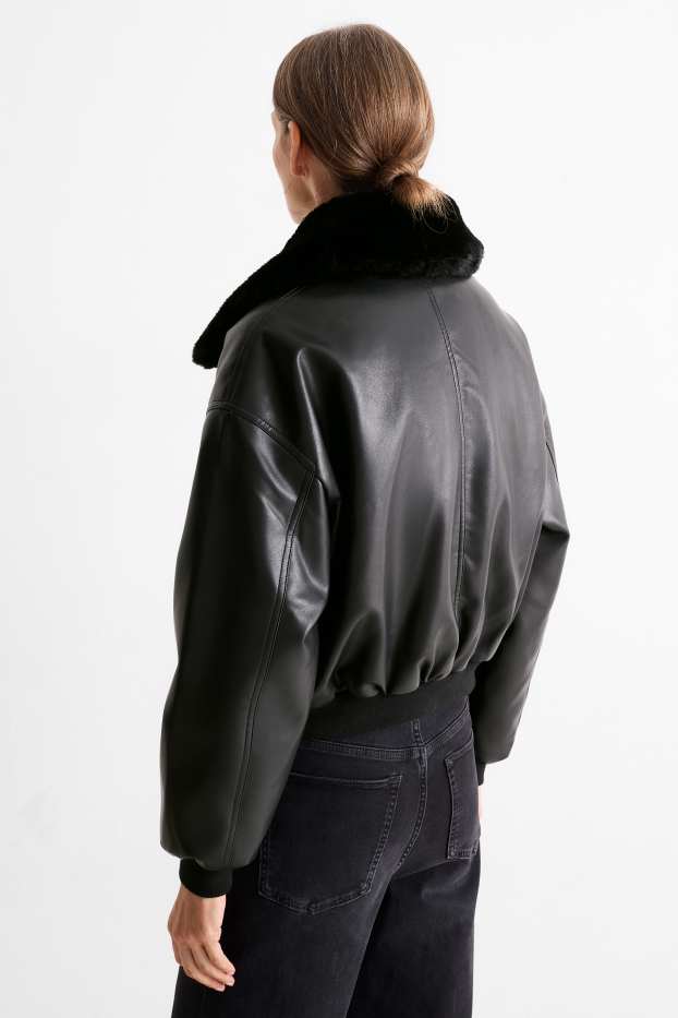 Damen - Bomberjacke mit Kunstfellbesatz - Lederimitat - schwarz