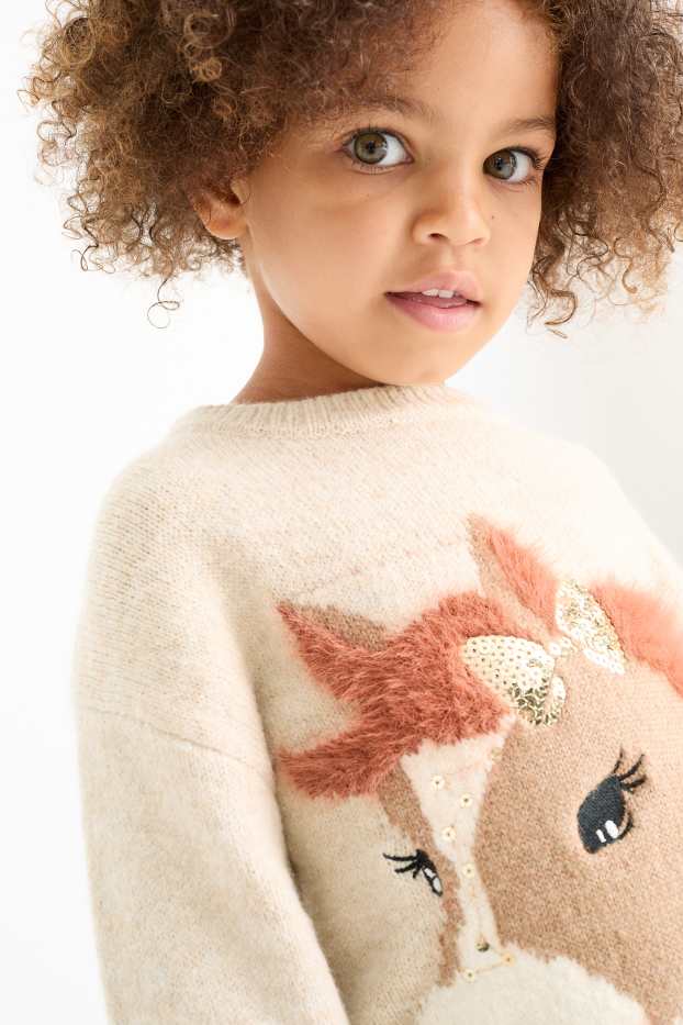 Enfants filles - Chevaux - ensemble - robe de maille et collants - 2 pièces - marron clair
