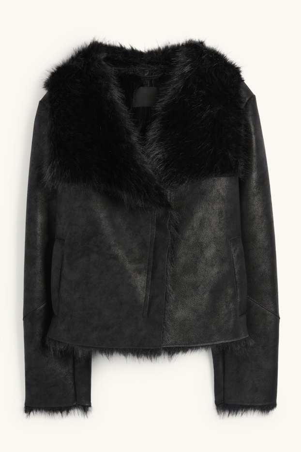 Femei - Jachetă din piele shearling falsă - imitație de piele - negru