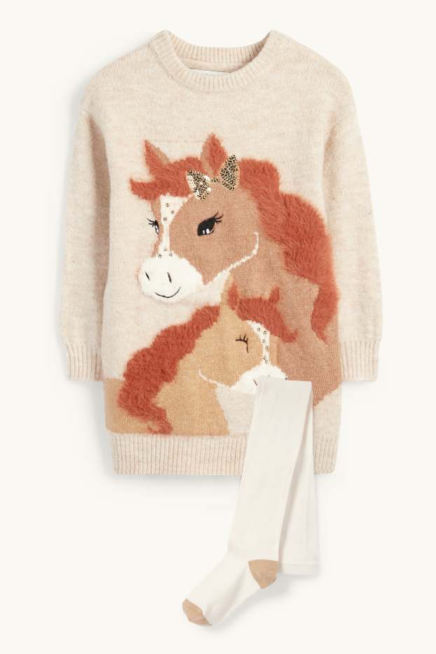Enfants filles - Chevaux - ensemble - robe de maille et collants - 2 pièces - marron clair