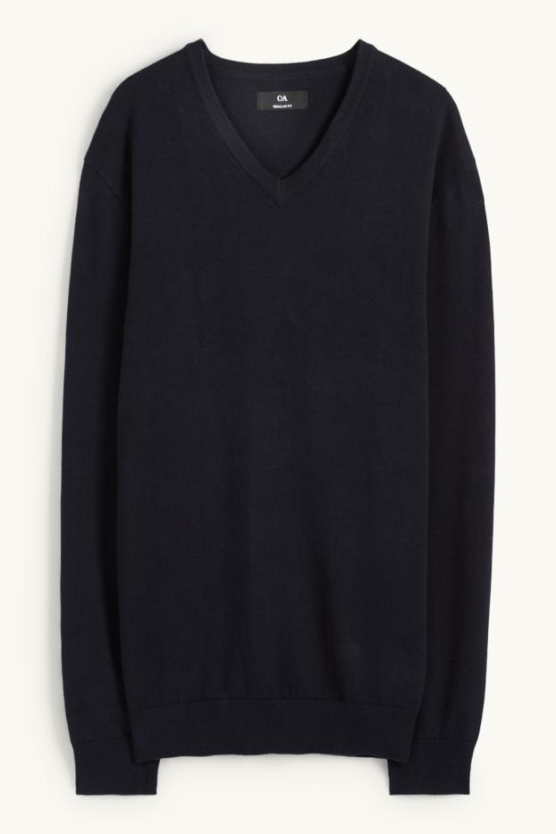 Hommes - Pullover en fine maille et chemise - regular fit - col kent - bleu foncé