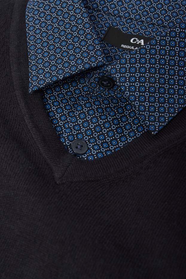 Hommes - Pullover en fine maille et chemise - regular fit - col kent - bleu foncé