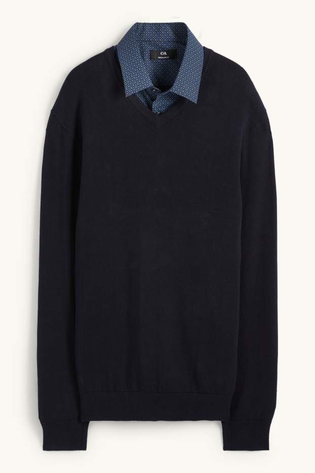 Hommes - Pullover en fine maille et chemise - regular fit - col kent - bleu foncé