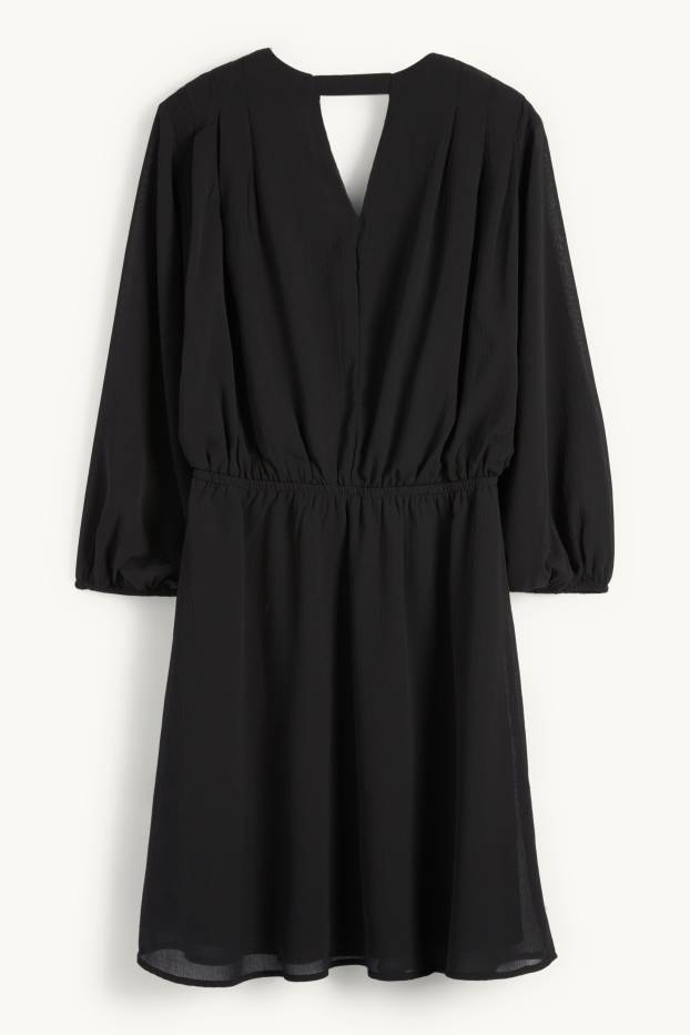 Women - V-neck chiffon dress - textured - black