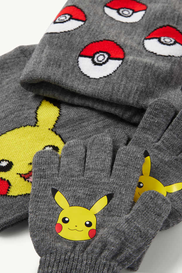 Bambini - Pokémon - Pikachu - set - cappello, scaldacollo e guanti - grigio scuro