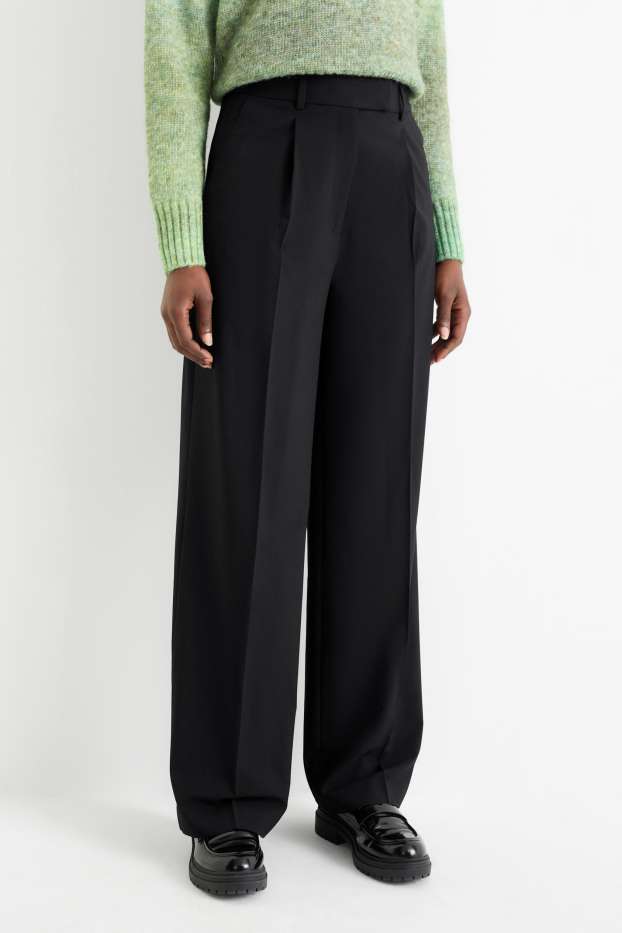 Femei - Pantaloni de stofă - talie înaltă - wide leg - negru