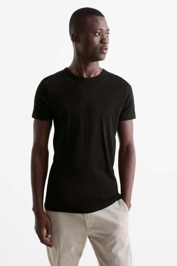 Heren - T-shirt - slim fit - fijn geribd - zwart