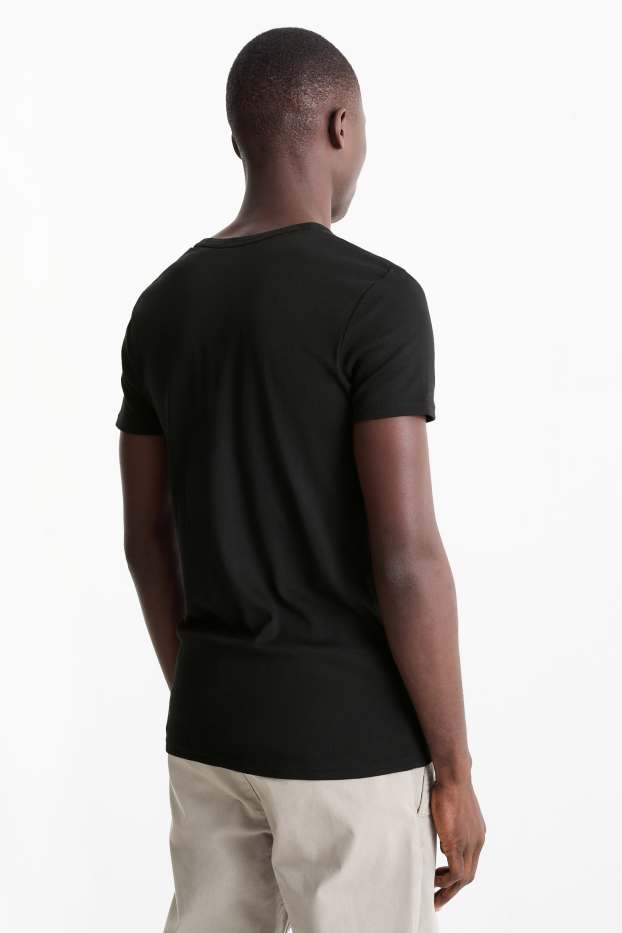 Heren - T-shirt - slim fit - fijn geribd - zwart