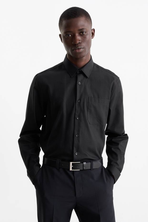 Hommes - Chemise de bureau - regular fit - col kent - facile à repasser - noir