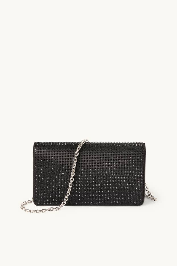 Dames - Schoudertas met afneembare riem en strass-steentjes - zwart