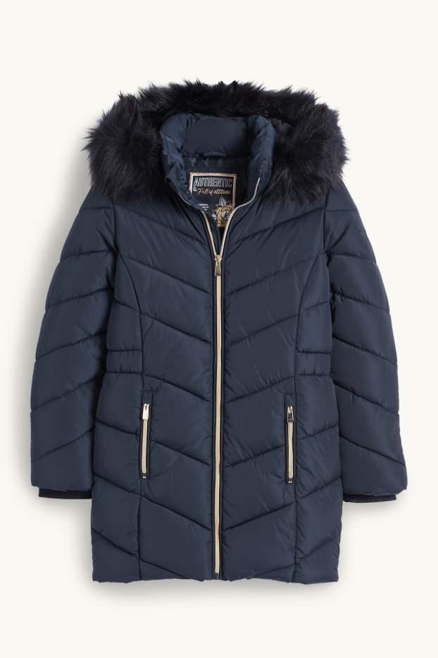 Bambine - Cappotto trapuntato con cappuccio e riporto di ecopelliccia. - blu scuro