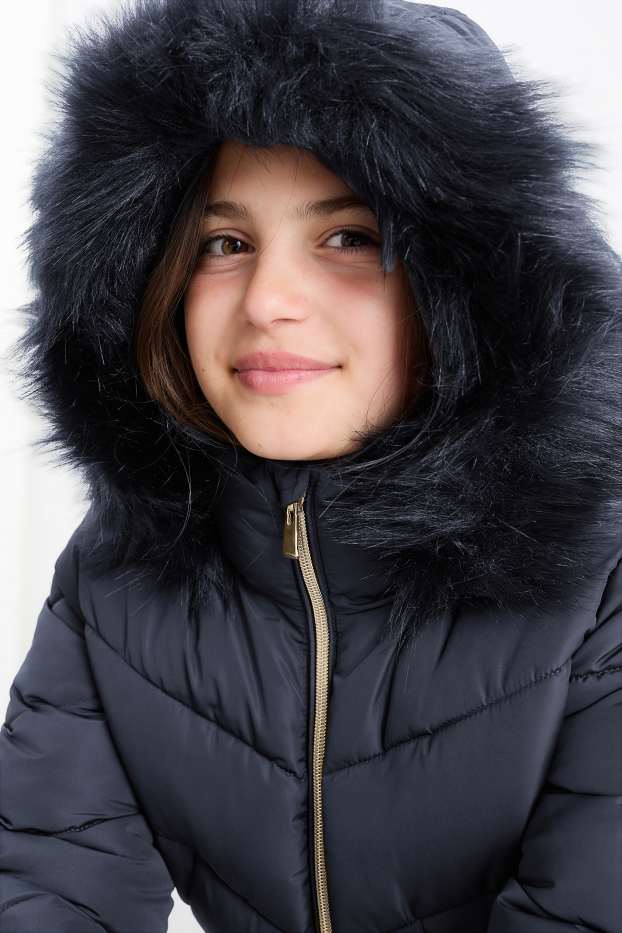 Bambine - Cappotto trapuntato con cappuccio e riporto di ecopelliccia. - blu scuro